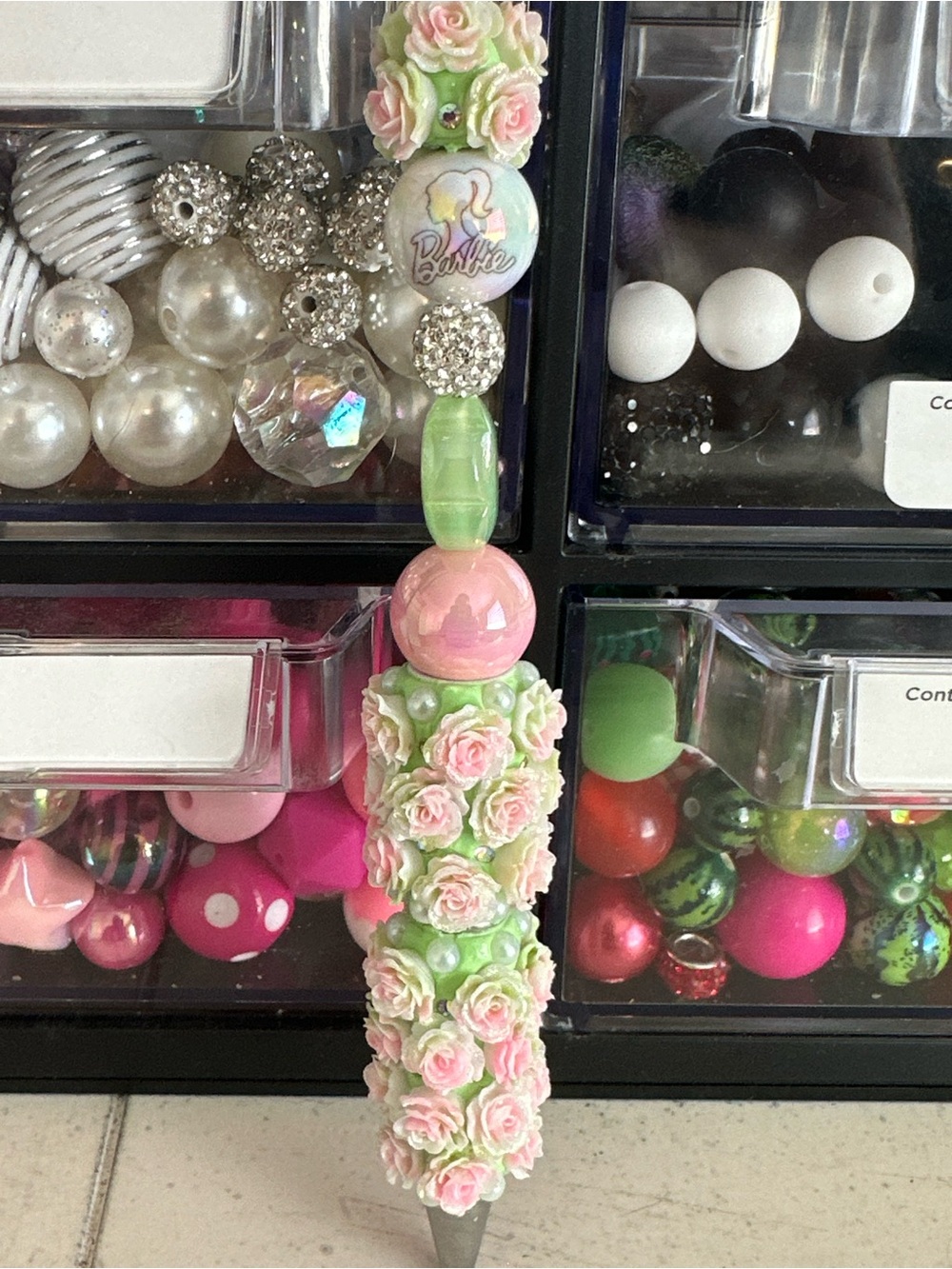 Barbie Pink & Green Floral Beaded pen - Decorative Stationery